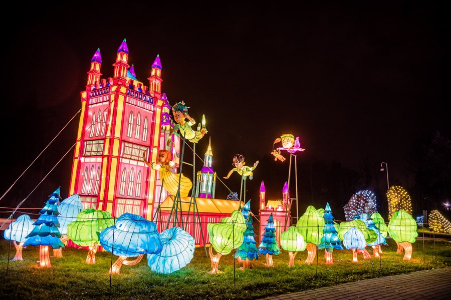 Castel luminat și ciuperci colorate
